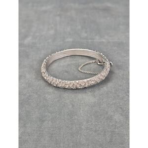 Trifari Brutalist Textured Vintage Silver Tone Bracelet Hinged Bangle w/ Chain